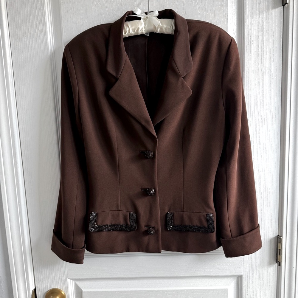 Vintage Pamela Dennis New York Evening Jacket Blazer Brown Silk Sequins Size 8